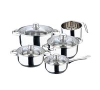 Batería de cocina: cazo 16x7,5 cm (1,4L), cacerolas con tapa de 18x8,5 (2L), de 20x9,5 cm (2,9L), de 24x11,5 cm (5,1L) y lechera con pico 14x12,5 cm (1,9L), acero inoxidable, inducción