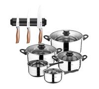 Batería de cocina de ocho piezas san ignacio+ bergner copper set de 3 cuchillos en acero inoxidable + soporte magnético de pared