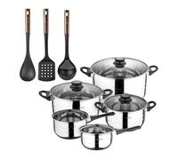 Batería de cocina de ocho piezas san ignacio+ bergner copper set de 3 utensilios de cocina: espátula ranurada, cuchara y cuhcarón en pbt negro y cobr