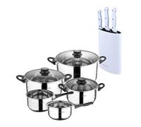 Batería de cocina de ocho piezas san ignacio+ bergner naturally set de 3 cuchillos (chef + santoku + multiusos) con tacoma en acero inoxidable