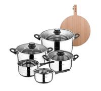 Batería de cocina de ocho piezas san ignacio+ bergner naturally tabla de corte redonda de 38x28x1,5cm en madera de haya
