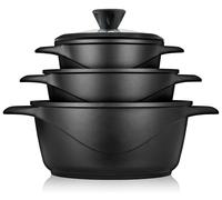 Batería de Cocina Inducción 6 Piezas, Aluminio Fundido 3 Ollas con Tapas Cristal