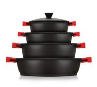 briebe Black Titanium Batería Cocina Inducción 8 Piezas Antiadherente Titanio, Juego 4 Ollas Aluminio Fundido sin PFOA, Set Cazuelas Tapas Cristal, Asas Silicona Extraíbles, Vitrocerámica, Gas, Horno