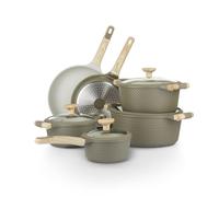Batería de Cocina Kasanova Mrs Wood Antiadherente de Aluminio, Apta para Todo Tipo de Cocinas, Tapas de Vidrio, Cocción Rápida y Uniforme (Verde y Crema, 10 piezas)