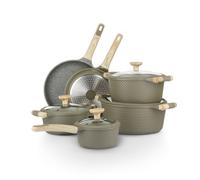 KASANOVA Juego de utensilios de cocina de 10 piezas Bambú verde. Fabricado en aluminio antiadherente de 4 capas, fondo de 4 mm y mangos de baquelita de tacto suave