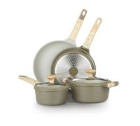 Batería de Cocina Kasanova Mrs Wood Antiadherente de Aluminio, Apta para Todo Tipo de Cocinas, Tapas de Vidrio, Cocción Rápida y Uniforme (Verde y Crema, 6 piezas)