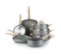 Kasanova Batería de Cocina Mrs Wood Antiadherente de Aluminio, Apta para Todos los Tipos de Cocinas, Tapa de Vidrio, Cocción Rápida y Uniforme. (11 piezas)