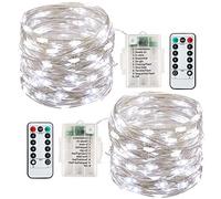 Batería de luces de hadas, paquete de 2 luces de 13 m, 120 LED, impermeable, fiesta, decoración de festivales (blanco frío)