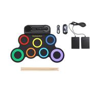 Batería Eléctrica con Altavoz Integrado, Caja de Ritmos Portátil Enrollable para Niños con 2 Pedales y Baquetas Multicolor y Negras.
