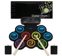 Batería electrónica Lychee con conector para auriculares, 9 almohadillas enrollables estéreo para práctica de batería, altavoz integrado, pedales y baquetas compatibles con conexión externa, ideal com