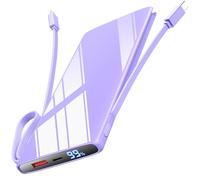Bateria Externa Carga Rapida 30W 10000mAh Power Bank con Cable Integrado USB C In out PD 3.0 QC 4.0 Bateria Portatil Indicador LED Mini Powerbank para iPhone Samsung Xiaomi Tablets Color Morado