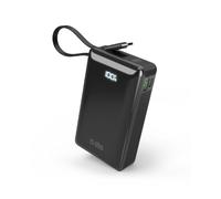 Batería externa de 20000 mAh con puertos USB-A y USB-C, pantalla integrada y cable USB-C de 20 W (negro).