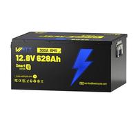 Batería LiFePO4 12V 628Ah Ultra con Bluetooth 5.0, 8038Wh Energía de Litio, BMS de 300A, +15000 Ciclos, Carcasa Metálica Desmontable (70kg), Estructura Antihinchazón, IP65 para Solar, RV, Náutica
