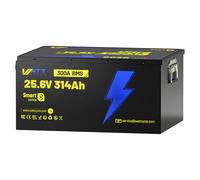 Batería LiFePO4 24V 314Ah Ultra con Bluetooth 5.0, 8038Wh Energía de Litio, BMS de 300A (Salida 7.6kW), +15000 Ciclos, Carcasa Metálica de 70kg, IP65 Impermeable para Solar, RV, Náutica