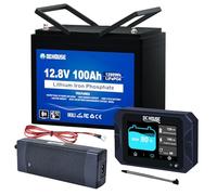 Batería LiFePO4 de 12 V 100 Ah con cargador de batería de 10 A, monitor de batería de 300 A, 12 V/24 V/36 V/48 V para autocaravanas, sistemas solares