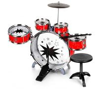 Batería musical para niños con taburete de batería para niños, instrumentos musicales con 5 tambores, 1 plato, 1 taburete, 2 baquetas, instrumento de percusión con silla de batería clásica (A)