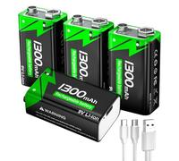 Batería recargable de 9 V, 1300 mAh de iones de litio con cable de carga rápida USB-C, ideal para detectores de humo, alarmas, micrófono, multímetro, etc. 4 unidades
