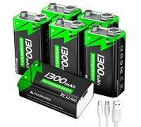 Batería recargable de 9 V, 1300 mAh de iones de litio con cable de carga rápida USB-C, ideal para detectores de humo, alarmas, micrófono, multímetro, etc. (6 unidades)