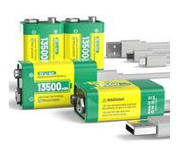 Batería Recargable de 9 V, 13500mWh 9 V batería de Litio de Alta Capacidad, con Cable de Carga rápida USB-C, Ideal para detectores de Humo, micrófono, alarmas, Juguetes, linternas, Dispositivos
