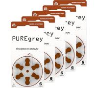 Baterías de audífonos PUREgrey tipo 312, 30 unidades de audífonos, diseñados para el mayor rendimiento, paquete con 5 ampollas de 6 audífonos, PR41 código de color marrón, 1.45 voltios