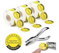 Bateya 1800 placas de prueba Dguv V3, 1 alicate perforador, pinzas para placas, próxima cita de prueba DGUV V3 - Diámetro 30 mm, autoadhesivas, placas de prueba DGUV, reglamento para aparatos