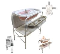 BATHBY | Bañera bebé con patas Multifuncional 6en 1: Plegable con Soporte, con Cojín Antideslizante, Cambiador, Bandeja y Cesta Organizadoras, Desagüe con Tubo y Soporte para Ducha (Rosa Pro)