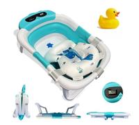 BATHBY Bañera Plegable Portatil para Bebés Recién Nacidos, con Cojín de Dinosaurio Antideslizante, Termómetro Integrado y Patas Antideslizantes, Compacta, Segura y Patito de Goma (Azul Dinosaurio)