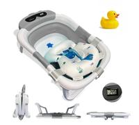 BATHBY Bañera Plegable Portatil para Bebés Recién Nacidos, con Cojín de Dinosaurio Antideslizante, Termómetro Integrado y Patas Antideslizantes, Compacta, Segura y Patito de Goma (Gris Dinosaurio)