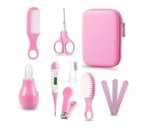 BATHBY Kit de Cuidado e Higiene para Bebé | Estuche Portátil con Cepillo y Peine, Tijeras, Lima, Cortaúñas, Termómetro Digital, Aspirador Nasal y Protector de Chupete (Rosa)