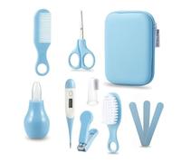 BATHBY Kit de Cuidado e Higiene para Bebé | Estuche Portátil con Cepillo y Peine, Tijeras, Lima, Cortaúñas, Termómetro Digital, Aspirador Nasal y Protector de Chupete (Azul)