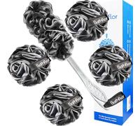 Bathflor Esponja de lufa de ducha de 80 g, lufas de carbón para hombres exfoliante (juego de 5): 1 esponja de lufa de mango largo en un palo y 4 extra grandes de 80 g de malla suave con 1 gancho,