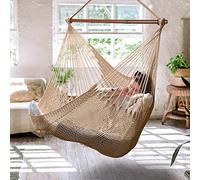 Bathonly Columpios Silla Hamaca, Silla Colgante Caribeña con Barra de Metal Extraíble, Silla Colgante de Jardín, Columpio Colgante de Cuerda XL para Interior y Exterior, Máximo 150 kg, Marrón Claro