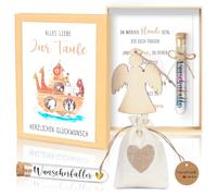 BATHRINS Bautizo regalo para bautizo para niño niña con ángel, tarjeta de madera, tubo de ensayo, bolsa de yute, bautismo, regalo de dinero, cupón de embalaje