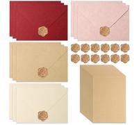 BATHRINS Set Papelería Vintage 49 Piezas - 25 Hojas A5 + 12 Sobres de Lino + 12 Sellos de Lacre - Papel Carta Retro para Cartas de Amor, Bodas, Cumpleaños (Cuatro colores)