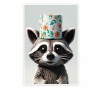 Bathroom Funny Animal Wall Art, Whimsical Raccoon with Toilet Paper Poster, Cute Cartoon Decor for Powder Room(Framed,08x12inch(20x30cm))