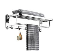 Bathroom Shelf 23.4 Inches Foldable Wall Mounted Double Towel Holder 304 Stainless Steel Polished 5 Hooks Towel Shelf Easy to Install Floating Shelves