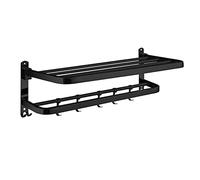 Bathroom Shelf Matte Black Bathroom Shelf Lavatory Towel Rack Towel Shelf with 2 Towel and 5 Mobile Towel Hooks Wall Mount Towels Storage Holder, Foldable, Space Saving Floating She