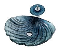 Bathroom Vessel Sink,Shell Shape Artistic Vanity Sinks,19" Tempered Glass Sink with Waterfall Faucet and Pop Up Drain, Counter Top Installation (B C)