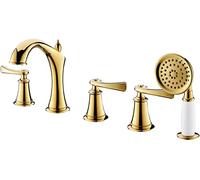 Bathtub Faucet Titanium Gold Bath Tap 5 Holes Tub Mixer Tap with Handheld Shower Set, Tub Filler Hot and Cold Water Tub Tap Brass Bath Taps