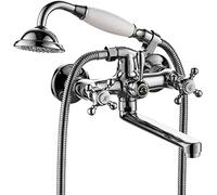 Bathtub Faucet Wall Mounted Bath Tap with Handheld Shower Tub Mixer Tap Set, Double Cross Handle Tub Filler Telephone Shaped Handheld Sprayer Shower Set,Titanium Gold