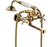 Bathtub Faucet Wall Mounted Bath Tap with Handheld Shower Tub Mixer Tap Set, Double Cross Handle Tub Filler Telephone Shaped Handheld Sprayer Shower Set,Titanium Gold