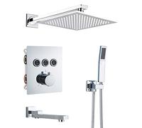 Bathtub Shower System with Tub Spout, Thermostatic Brass Shower Faucet Fixture Combo Set Wall Mounted, Push-Button Diverter Included,16inch