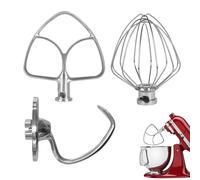 Batidor Flex Edge de 3 piezas, compatible con KitchenAid K45WW, accesorios de batidora de acero inoxidable con cabezal basculante de cuarzo - Látiga de alambre, gancho para amasar, raqueta plana