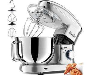 Batidora Amasadora 1500W, Facelle Amasadora de Pan Repostería Multifunción Tazón de Acero Inoxidable de 6,2LGancho para Masa,Batidor Plano, Batidor,Protector de Salpicaduras(Plata)