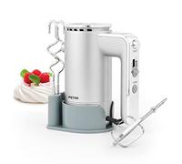 Batidora de mano Petra PT5250VDEEU10 con base, guardado fácil, 5 velocidades, función turbo y de expulsión, 2 ganchos amasadores, 2 batidores, para hornear, batir, mezclar, amasar, 300 W, plateada