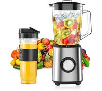 Batidora de Vaso 700 W, Jarra de Cristal de 1.5L, 4 Cuchillas de Acero Inoxidable y Botella Portátil Tritan de 570ml, 2 Velocidades + Pulso, Libre de BPA, para Verduras, Frutas, Batidos y Malteadas