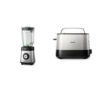 Batidora Series 5000 Tecnología ProBlend Crush - 1000W, Jarra de Vidrio 2L, App Recetas, Velocidad Variable & Philips Tostadora - 2 Ranuras, 7 Ajustes, Rejilla Calientabollos, Descongelación, Negro