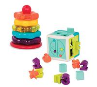 Battat - Clasificador de formas Cube+ Stacking Rings - Combo ordenar y apilar - Juego de clasificación sensorial de 17 piezas - Cubo de actividades con laberinto de cuentas - 2 años +