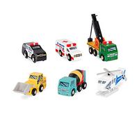 Battat Coches de Madera para niños, vehículos de Rescate y Obra, Conjunto 1 | Juego de 6 vehículos de madera: ambulancia, policía, helicóptero, grúa, excavadora y hormigonera, Conjunto 1, 3 años y +