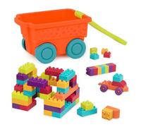 Battat LOCBLOC Wagon - Juego de Bloques de construcción con vagón | Set de 55 con 1 vagón y 54 bloques apilables de colores; se guardan dentro para llevar; 18 meses y +